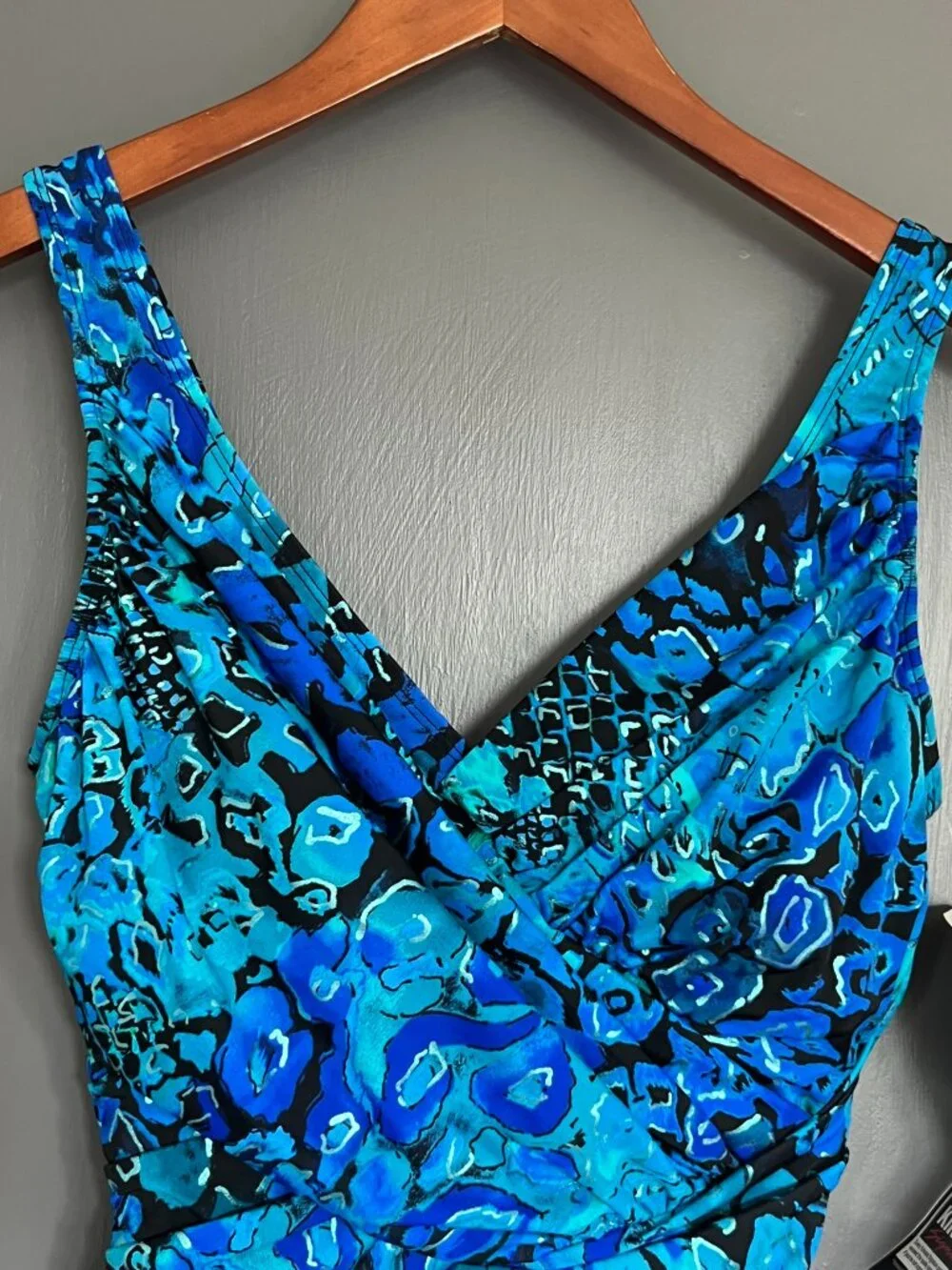 NWT Kirkland Miraclesuit Crossover Drape One Piece Swimsuit Blue Metallic Size 8
